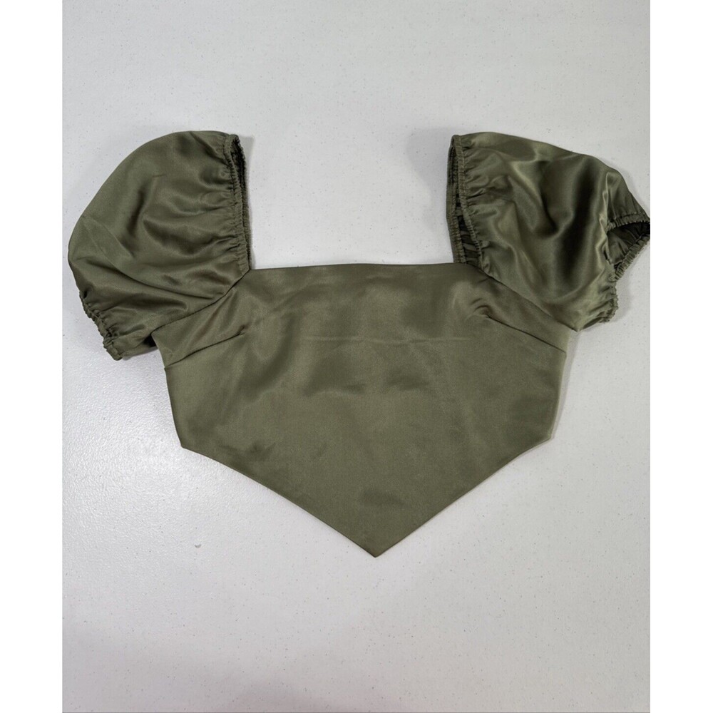 Forever 21 Cropped Top Womens Small Green Satin Puff Sleeve Square Neck Y2K